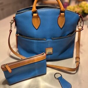 Dooney & Bourke Pebble Grain Double Pocket Blue Leather Satchel Bag.